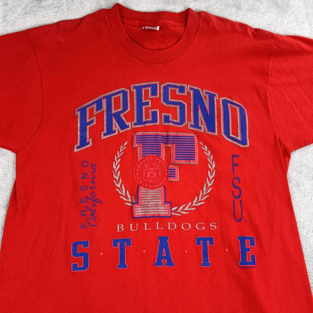 Vintage 90's Puff Print Fresno State Bulldogs T Shirt XL Fruit Loom Red Made USA - Picture 2 of 12